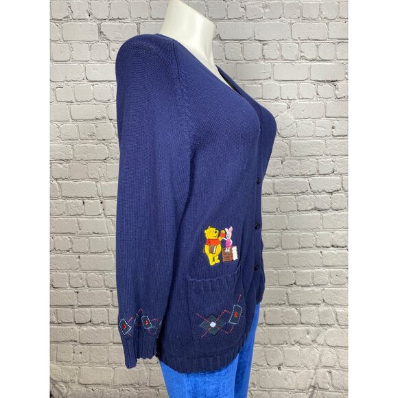 Vintage Disney Store Small Winnie The Pooh Embroidered Cardigan Sweater Navy - Picture 8 of 13
